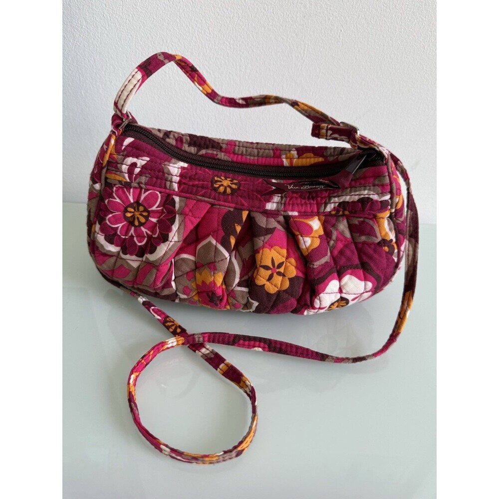 Vera Bradley Quilted Floral Shoulder Bag Pink Brown Cotton Small Zip
